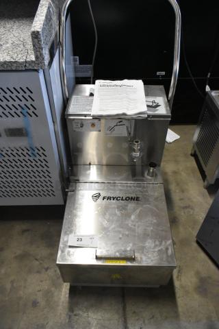 New Fryclone 259OFM85 stainless steel 85 lb. fryer oil filter machine, low-profile, 2-way pump, 120V, tags visible, pristine.