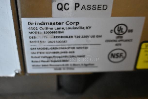 Grindmaster Ecoboiler T20 tag, model 1000662GM, 220V, 1 Phase. Marked QC Passed, with UL and NSF certifications.
