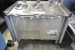 Brand new Crathco CS-3L-16-290 stainless steel drink dispenser base, no hoppers, 120 volts, 1 phase, with labels.