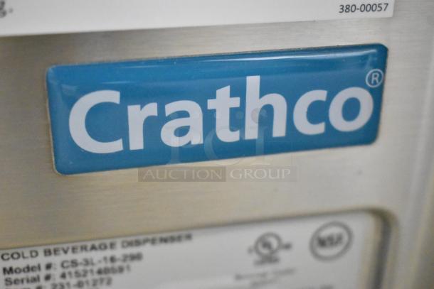 Crathco CS-3L-16-290 stainless steel drink dispenser base, new with scratches, no hoppers, 120V, 1 phase. Model label visible.
