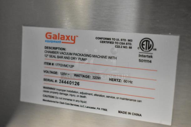 2024 Galaxy 177GVMC12P chamber vacuum packaging machine label, 12" seal bar, dry pump, 120V, 320W, ETL certified.