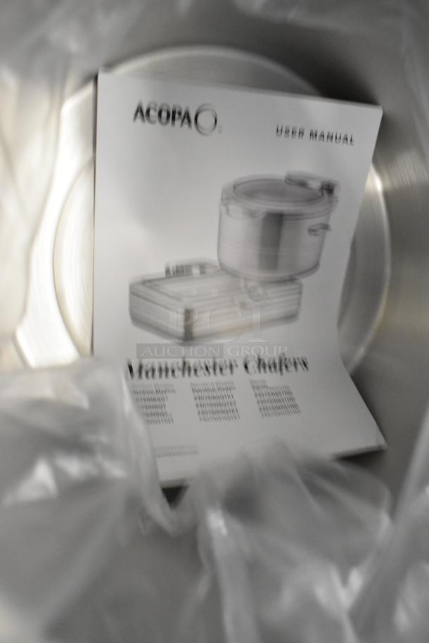 Acopa Manchester 11 Qt. Soup Chafer with manual, stainless steel, glass top, soft close lid, new condition with minor scratches.