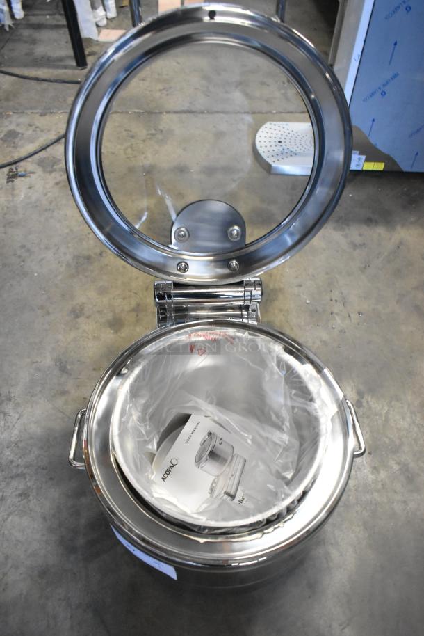 Brand new Acopa Manchester 11 Qt. stainless steel induction chafer, glass top, soft close lid, minor scratches visible.