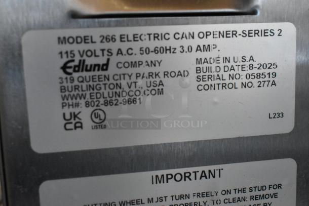 Edlund 266 electric can opener label, 115 volts, single-speed, scratch and dent, serial no. 058519, made in USA.