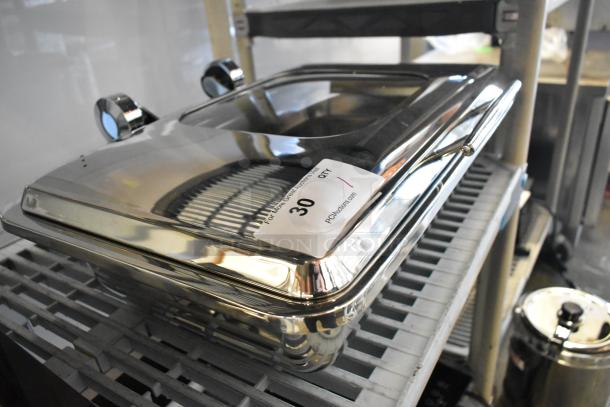 Brand new stainless steel chafer with minor scratches and dents, shown with label indicating auction item number 30.
