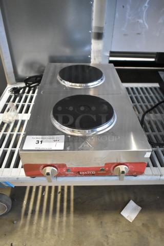 Brand new Avantco 177EB202F2BM double burner solid top stainless steel portable electric hot plate, 240V, 1 Phase.