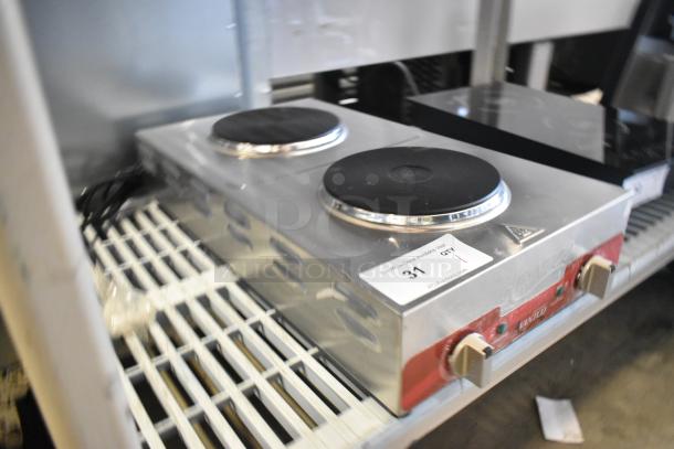 Avantco 177EB202F2BM double burner stainless steel hot plate, new with minor scratches, 240V, 1-phase. Front-to-back design.