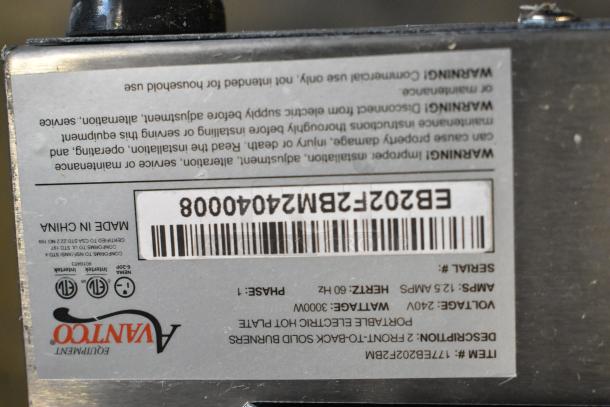 Avantco double burner hot plate, model 177EB202F2BM, scratch and dent, stainless steel, 240V, serial number visible.