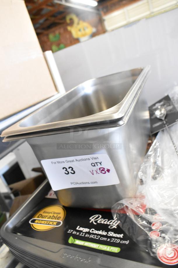 8 new scratch and dent items; includes stainless steel steam table pan, bar spoon, steak knife, and baking pans. Quantity 8.