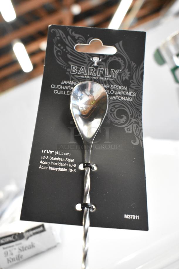Barfly M37011 stainless steel Japanese style bar spoon, 17 1/8", new with tag, featuring twisted handle for mixing drinks.
