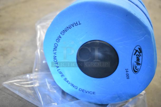 Kemp USA Water Aerobic EVA Foam Dumbbell set, blue, model 14-008. Includes tags noting training aid, brand marking. Brand new condition, minor cosmetic flaws.