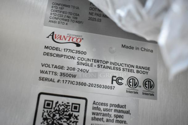 Brand new Avantco 177IC3500 countertop induction range label; 208-240V, 3500W, stainless steel, model 2025, scratch and dent.