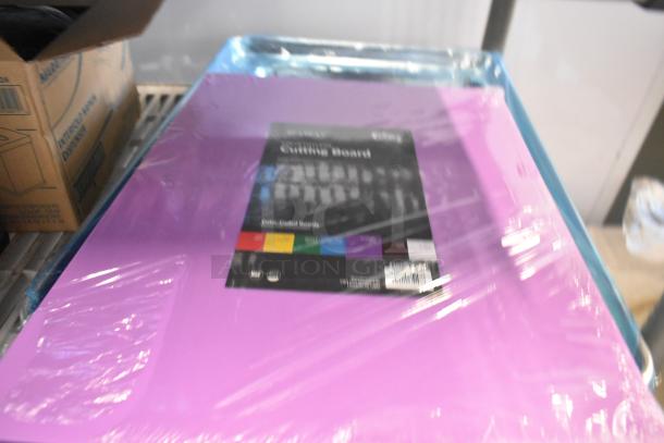 12 new scratch and dent items including a 20"x15" purple polyethylene cutting board, Choice half and full-size sheet pans.