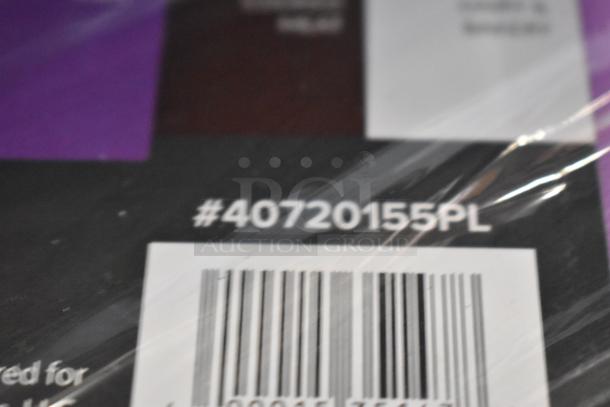 Auction item featuring a #40720155PL Choice 20"x15"x1/2" purple polyethylene cutting board, brand new with barcode visible.