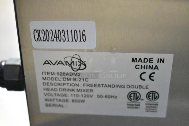 BRAND NEW AvaMix DM-B-21C drink mixer label showing model, voltage, and CE mark. Made in China. Serial: CK20240311016.