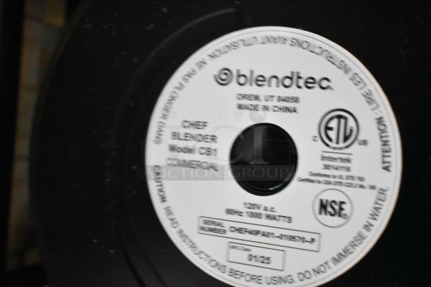 Blendtec CB1 Chef Blender label, showing model, commercial use, 120V, 1800 watts, NSF and ETL certifications.