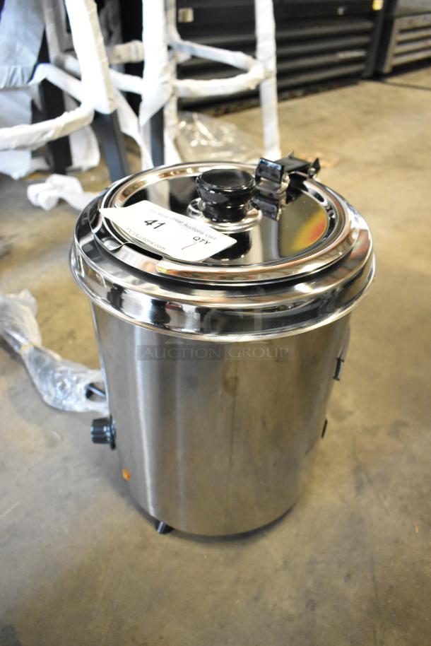 Brand new Avantco 177W300SS 6 Qt. stainless steel warmer, 120V, 1 phase, with minor scratches and dents, auction tag visible.