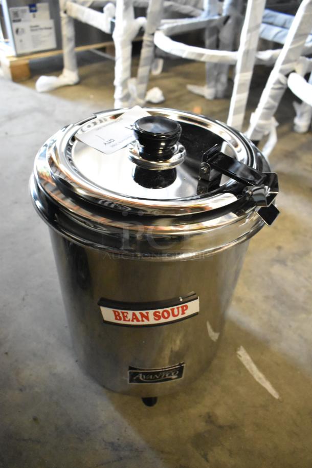 "Brand new Avantco 177W300SS 6 Qt. stainless steel warmer, labeled for 'Bean Soup.' Features include 120 volts, 1 phase, scratch and dent condition. Tags on lid indicate model and brand."