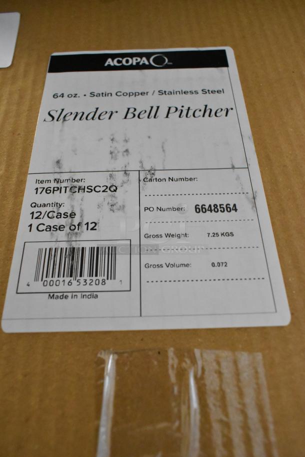 Box of 12 Acopa 64 oz. Satin Copper Stainless Steel Slender Bell Pitchers, labeled as scratch and dent, item 176PITCHSC2Q.