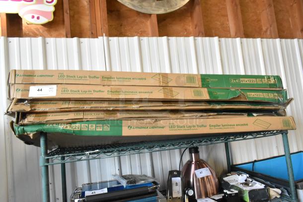 5 new Lithonia Lighting GTL Series LED recessed troffers in boxes, 48" wide, 41W, 4000K. Boxes show minor damage.