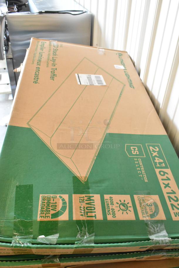 New Lithonia Lighting GTL Series 48" LED troffer in packaging. Features 41W, 4000K, 120V-277V. Box shows dimensions and specifications.