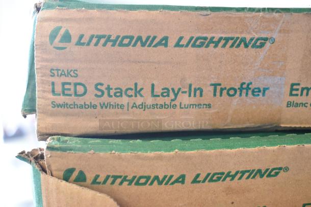 Lithonia Lighting GTL Series box labeled "LED Stack Lay-In Troffer, Switchable White, Adjustable Lumens."