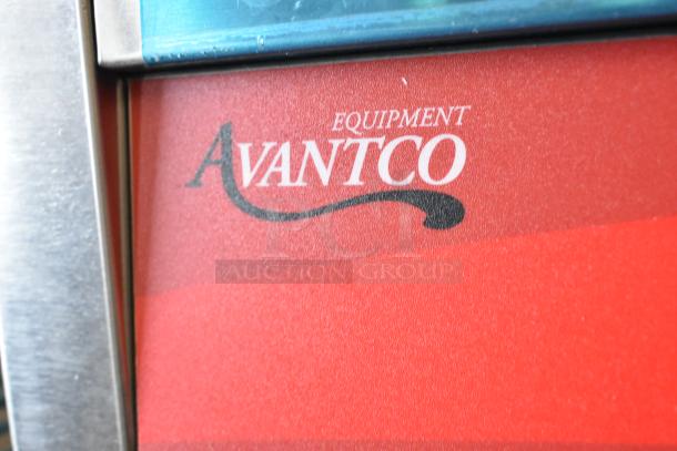 Avantco 177PG200GS commercial panini grill close-up, showcasing the brand logo on a red panel. Brand new condition.