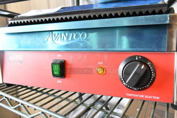 Brand new 2024 Avantco 177PG200GS commercial panini grill, grooved top, smooth bottom, 13 3/8"x8 3/4" surface.