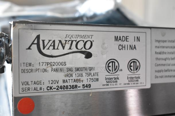 Avantco 177PG200GS Panini Grill label showing model, voltage, and certification details. Made in China. 120V, 1750W.