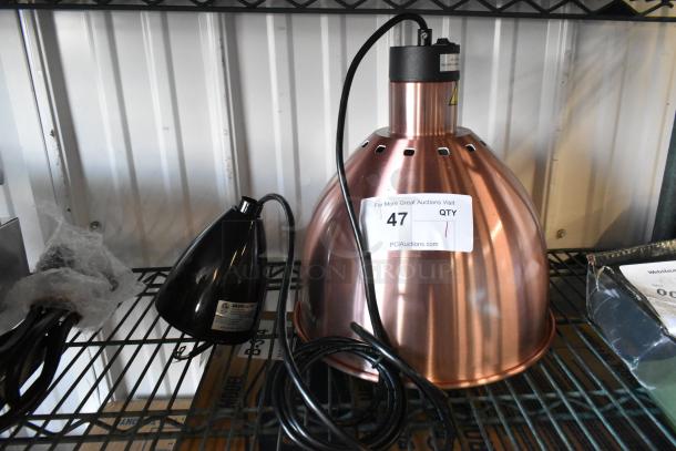 ServIt 423HLS85CR 8' Heat Lamp, copper finish, round dome shade, ceiling mount, 120V, new condition, auction tag visible.
