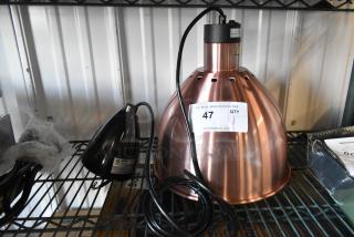 ServIt 423HLS85CR 8' Heat Lamp, copper finish, round dome shade, ceiling mount, 120V, new condition, auction tag visible.