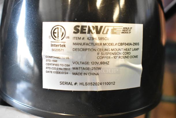 Brand new ServIt 423HLS85CR ceiling mount heat lamp, modern copper finish, 8' suspension cord, 120V, 250W, serial #HLS852024110012.