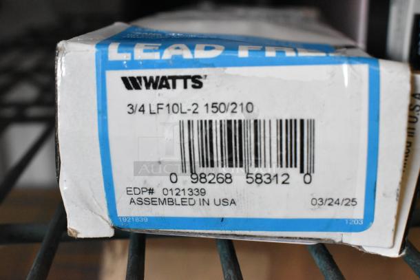 Box of Watts 3/4 LF10L-2 valve, scratch and dent condition, EDP# 0121339, assembled in USA, barcode visible.