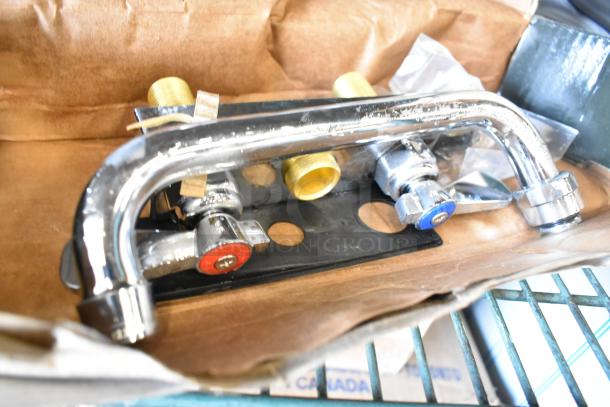 Brand new Regency 600FD48 deck-mounted faucet, 4" centers, 8" swing spout. Scratch and dent condition, chrome finish.