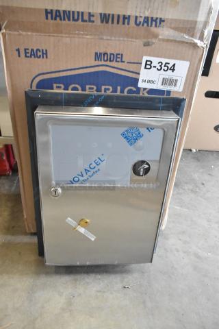 Brand new Bobrick B-354 ClassicSeries sanitary napkin disposal, partition-mounted, satin finish, minor scratches.