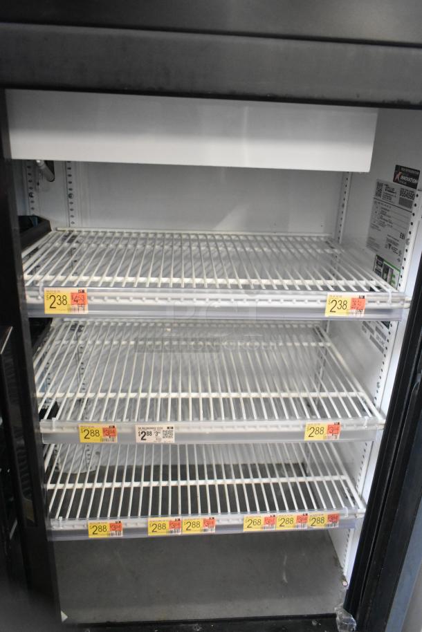 2019 True GDM-41SL-48-HC-LD 2 Door Cooler, poly-coated racks, 115V, 1 phase, commercial use. Visible pricing labels.