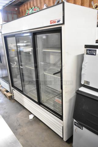 Turbo Air 3 Door Reach-In Cooler Merchandiser, metal, poly-coated racks, 115 volts, 1 phase, commercial use.