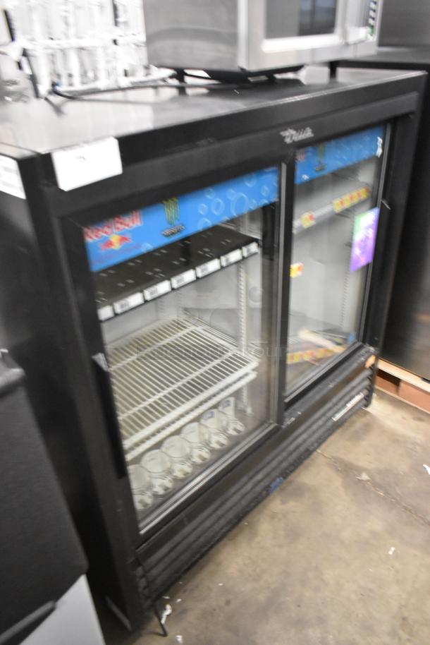 True GDM-41SL-48-HC-LD 2-door commercial cooler, poly-coated racks, visible branding, 115V, lightly used condition.