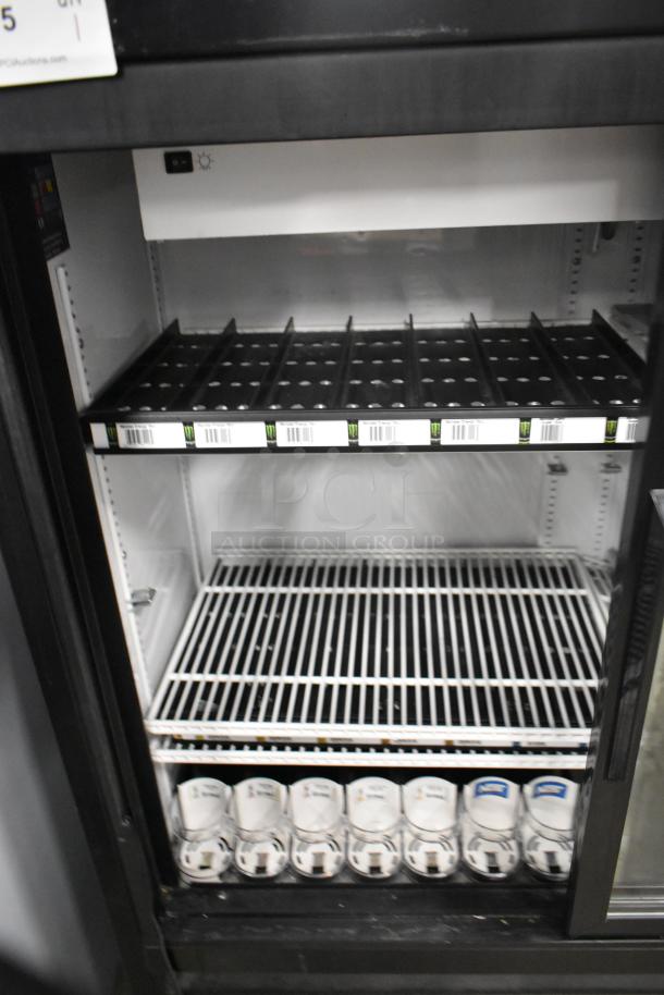 2019 True GDM-41SL-48-HC-LD metal commercial cooler, 2-door, features poly-coated racks, 115V, 1 phase, interior view.