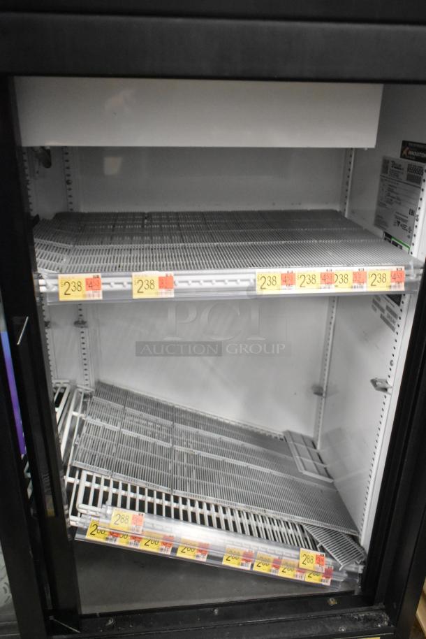 2019 True GDM-41SL-48-HC-LD commercial 2-door cooler with poly-coated racks, 115V, 1 phase, metal exterior, clean interior.