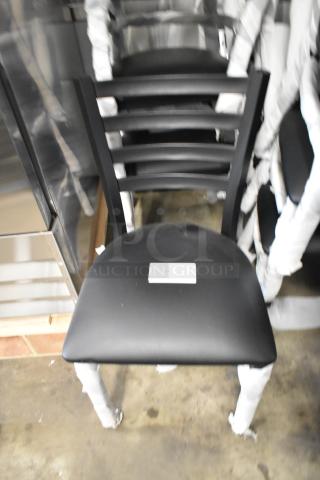 39 new Lancaster Table & Seating black metal ladder back dining chairs with black seat cushions, minor scratches.