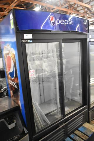QBD CD45-HC 2-door commercial cooler with Pepsi branding. Features poly coated racks, 115 volts, 1 phase.