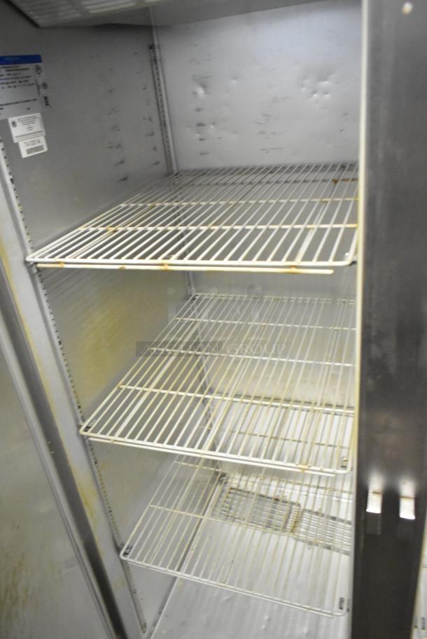 Beverage Air EF48-1AS stainless steel commercial 2-door reach-in freezer with poly-coated racks, 115V, 1 phase, interior view.