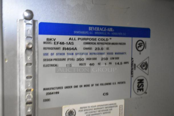 Beverage Air EF48-1AS stainless steel commercial 2-door freezer, 115V, poly coated racks, model and specs label shown.