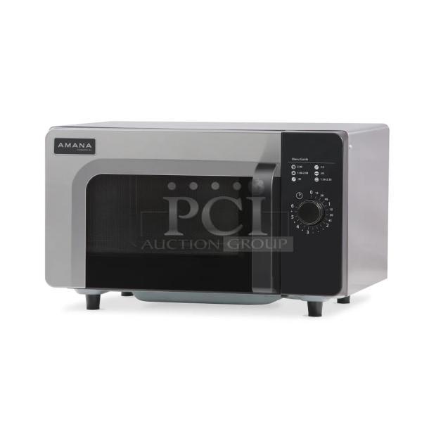 Brand new Amana RMS10DSA stainless steel commercial microwave oven, 2021 model, 120 volts, dial controls, in original box.