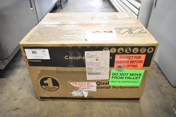 Brand new Amana RMS10DSA stainless steel commercial microwave in box. 2021 model, 120 volts, 1 phase. Box has handling labels.