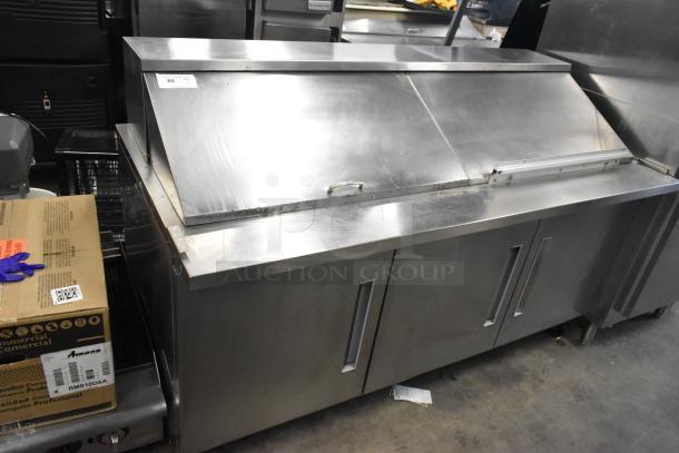 2019 Berg EDMT 72 30 stainless steel sandwich salad prep table, mega top, on commercial casters, in good condition.