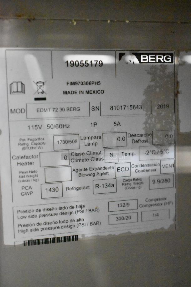 2019 Berg EDMT 72 30 BERG, stainless steel commercial prep table; serial tag details: 115V, 1 Phase, R-134a refrigerant.