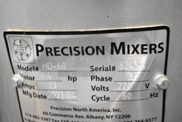 2021 Precision HD-60 Metal 60 Quart Dough Mixer label showing model, serial number, voltage, and manufacturing details.
