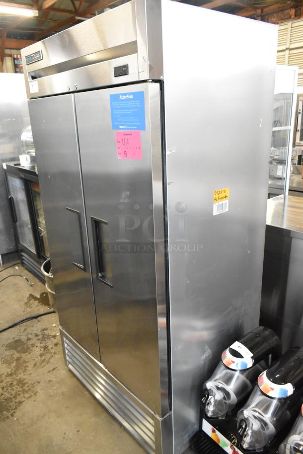 2021 True T-35-HC Stainless Steel 2 Door Reach-In Cooler, poly-coated racks, 115 volts, 1 phase. Excellent condition.
